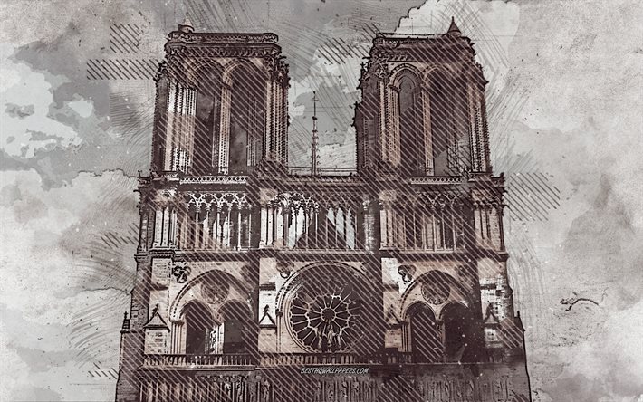 Our Lady, Pariisi, Ranska, grunge art, creative art, maalattu Notre Dame, piirustus, Notre Dame abstraktio, digitaalista taidetta, Notre-Dame de Paris