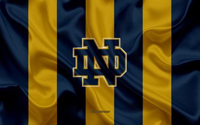Notre Dame Fighting Irish, American football team, emblem, silk flag, blue yellow silk texture, NCAA, Notre Dame Fighting Irish logo, Notre Dame, Indiana, USA, American football