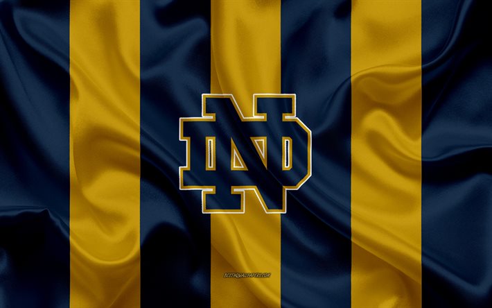Notre Dame Fighting Irish, squadra di football Americano, emblema, seta, bandiera, blu, giallo, texture, NCAA, la cattedrale di Notre Dame Fighting Irish logo, la cattedrale di Notre Dame, Indiana, stati UNITI, football Americano