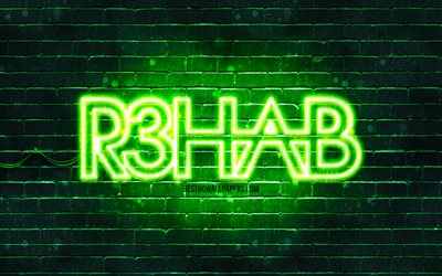 R3hab gr&#246;n logotyp, 4k, superstars, holl&#228;ndska Dj: s, gr&#246;na brickwall, R3hab logotyp, Fadil El Ghoul, R3hab, musik stj&#228;rnor, R3hab neon logotyp