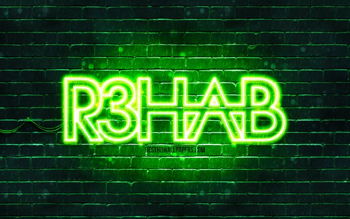 R3hab green logo, 4k, superstars, dutch DJs, green brickwall, R3hab logo, Fadil El Ghoul, R3hab, music stars, R3hab neon logo
