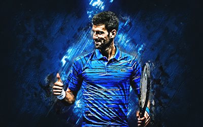 Novak Djokovic, Tenista s&#233;rvio, retrato, a pedra azul de fundo, ATP, arte criativa, t&#234;nis