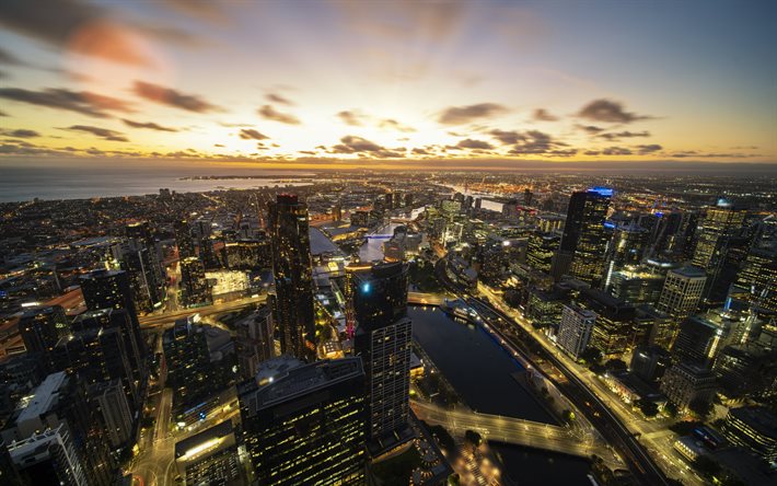 Melbourne, tarde, puesta de sol, edificios modernos, metropolis, paisaje, horizonte de Melbourne, Australia