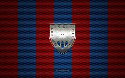 CD Numancia logo, Espanjan football club, metalli-tunnus, punainen-sininen metalli mesh tausta, CD Numancia, Toinen, &quot;Soria, Espanja, jalkapallo