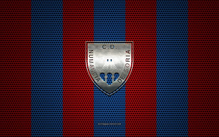 CD Numancia logotipo, club de f&#250;tbol espa&#241;ol, emblema de metal, rojo-azul de metal de malla de fondo, CD Numancia, Segunda, Soria, Espa&#241;a, f&#250;tbol