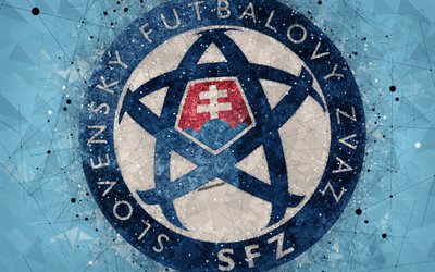 Slovakia national football team, 4k, geometric art, logo, blue abstract background, UEFA, Europe, emblem, Slovakia, football, grunge style, creative art
