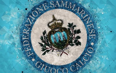 San Marino national football team, 4k, geometric art, logo, blue abstract background, UEFA, Europe, emblem, San Marino, football, grunge style, creative art