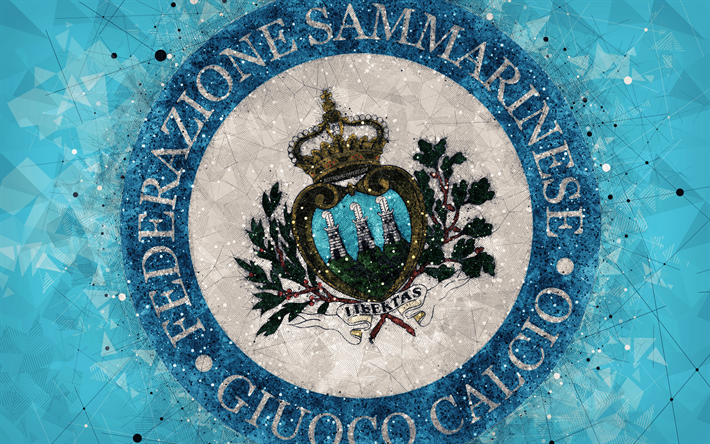 San Marino Milli Futbol Takımı, 4k, geometrik sanat, logo, mavi soyut arka plan, UEFA, Avrupa, amblem, San Marino, futbol, grunge, stil, yaratıcı sanat