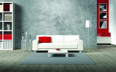 居室, ミニマリズムにおけるメディウムスタイル, 白いソファー, デザイナーズシェアハウス, グレースタイル, 現代のおしゃれなインテリアデザイン
