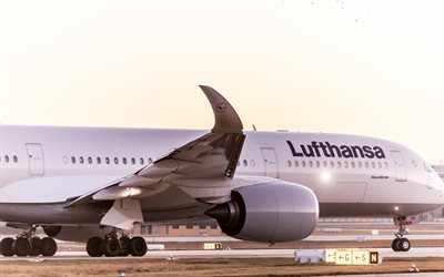 Airbus A350-900, Lufthansa, passenger plane, takeoff, airport, evening, sunset, air travel