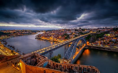 Porto, Dom Luis I Pont, 4k, ville de soir&#233;e, Portugal, Europe