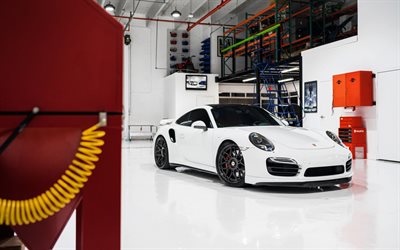 4k, Porsche 911 Turbo, tuning, 2018 cars, garage, white 911 Turbo, supercars, Porsche