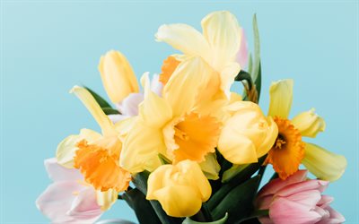 la primavera ramo, narcisos amarillos, rosas tulipanes, ramo de flores sobre un fondo azul, de hermosas flores
