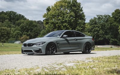 BMW M4, gray sports coupe, 2018, Nardo Grey, F82, tuning M4, exterior, gray M4, black wheels, German sports cars, BMW