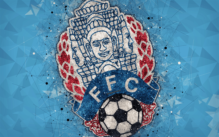 Cambodia national football team, 4k, geometric art, logo, blue abstract background, Asian Football Confederation, Asia, emblem, Cambodia, football, AFC, grunge style, creative art