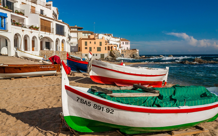 Costa Brava, barcos de madeira, praia, costa, ver&#227;o, Calella de Palafrugell, Mar Mediterr&#226;neo, Catalunha, Espanha