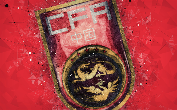 China national football team, 4k, geometric art, logo, red abstract background, Asian Football Confederation, Asia, emblem, China, football, AFC, grunge style, creative art, Peoples Republic of China
