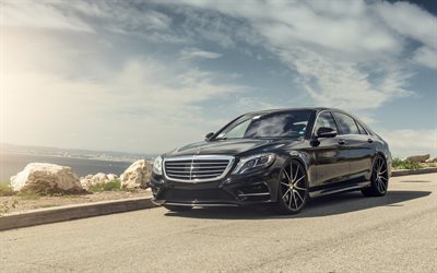 Mercedes-Benz S63 AMG, 2018, W222, exterior, tuning, luxury black sedan, front view, black S-class, German luxury cars, Mercedes