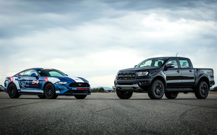 Ford Mustang GT Fastback, 2018, Ford Ranger, Raptor, exterior, ajuste, cup&#234; esportivo e SUV, Os carros americanos, Ford