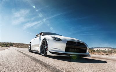 R35, Nissan GT-R, road, 4k, tuning, supercars, white GT-R, japanese cars, Nissan