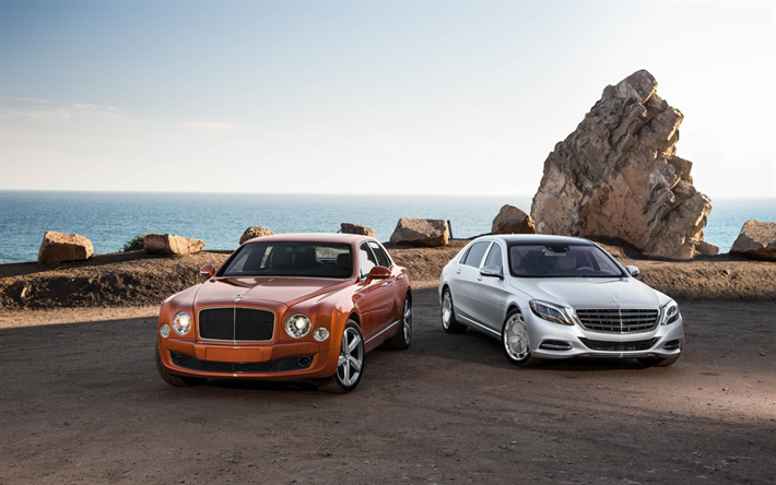 Bentley Mulsanne, 2018, Mercedes-Maybach S650, silver W222, luxury cars, exterior, orange Mulsanne