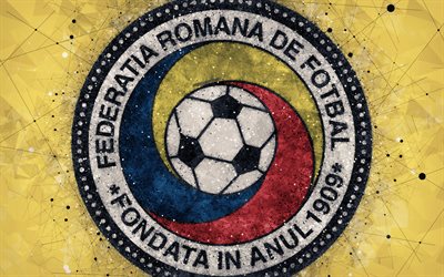 Romania national football team, 4k, geometric art, logo, yellow abstract background, UEFA, Europe, emblem, Romania, football, grunge style, creative art