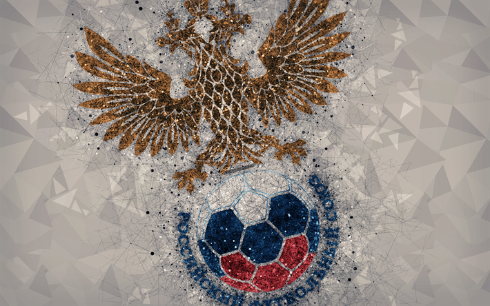 Russia national football team, 4k, geometric art, logo, gray abstract background, UEFA, Europe, emblem, Russian Federation, football, grunge style, creative art