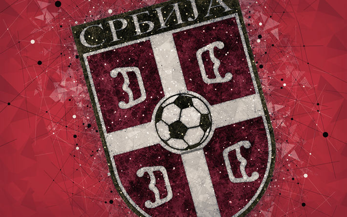 Serbia national football team, 4k, geometric art, logo, red abstract background, UEFA, Europe, emblem, Serbia, football, grunge style, creative art