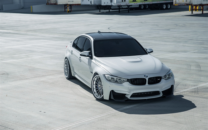 BMW M3, 2018, F80, white sedan, tuning M3, luxury wheels, new white M3, German cars, BMW