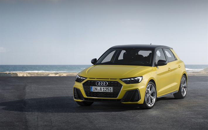 Audi A1 Sportback, 2018, S-Line, exterior, vista de frente, nueva amarillo, A1, los coches alemanes, el hatchback, el Audi