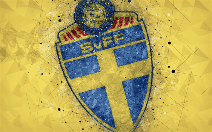 Svezia squadra nazionale di calcio, 4k, arte geometrica, logo, giallo astratto sfondo, UEFA, Europa, emblema, Svezia, calcio, grunge, stile, arte creativa
