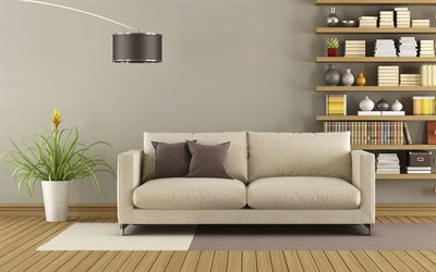 interi&#246;ren i minimalistisk stil, vardagsrum, gr&#229; soffa, bokhyllor, modern elegant design