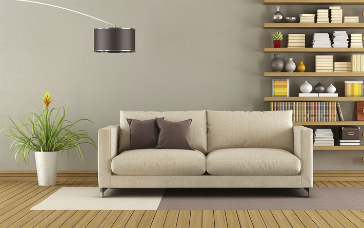 interior in minimalism style, living room, gray sofa, bookshelves, modern stylish design