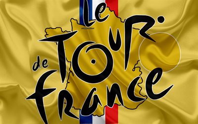 Tour de Francia, en el a&#241;o 2018, 4k, amarillo bandera de seda, logotipo, arte, carrera de bicicletas, Francia, seda textura