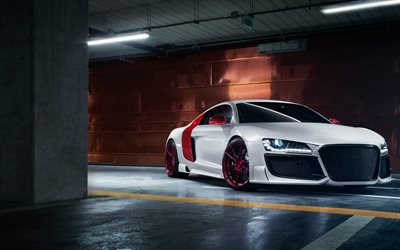 Audi R8, 2018, white sports coupe, tuning R8, red luxury wheels, supercar, German sports cars, Audi