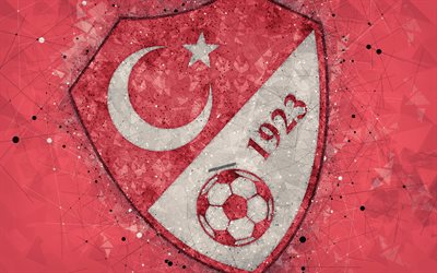 Turkin jalkapallomaajoukkue, 4k, geometrinen taide, logo, punainen abstrakti tausta, UEFA, Euroopassa, tunnus, Turkki, jalkapallo, grunge-tyyliin, creative art