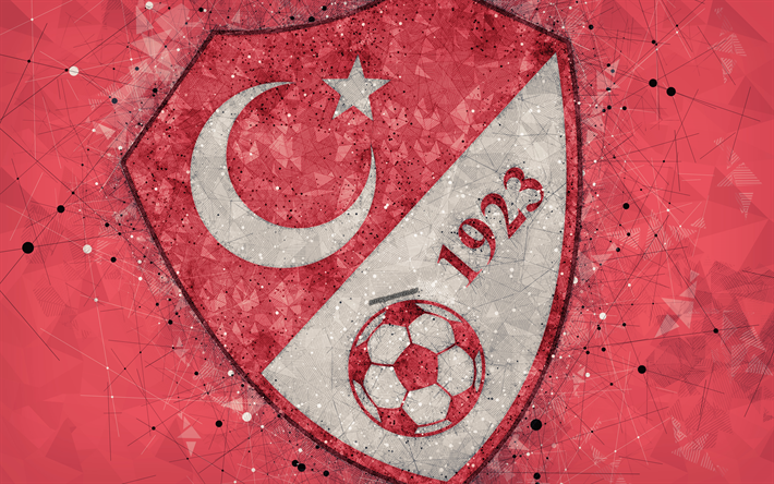 Turkey national football team, 4k, geometric art, logo, red abstract background, UEFA, Europe, emblem, Turkey, football, grunge style, creative art