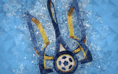 Ukraine national football team, 4k, geometric art, logo, blue abstract background, UEFA, Europe, emblem, Ukraine, football, grunge style, creative art