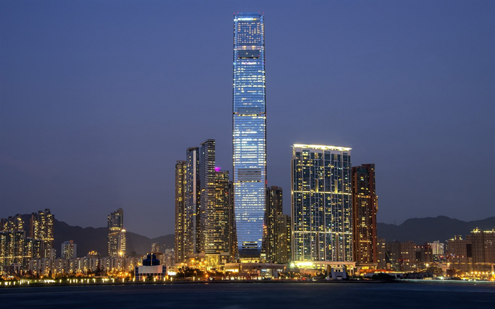 International Commerce Centre, Hong Kong, grattacielo commerciale, sera, moderno, architettura, business center, Cina