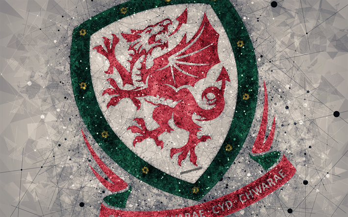 Wales landslag i fotboll, 4k, geometriska art, logotyp, gr&#229; abstrakt bakgrund, UEFA, Europa, emblem, Wales, fotboll, grunge stil, kreativ konst