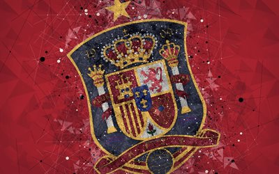 Spain national football team, 4k, geometric art, logo, red abstract background, UEFA, Europe, emblem, Spain, football, grunge style, creative art