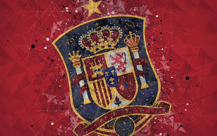 إسبانيا فريق كرة القدم الوطني, 4k, الهندسية الفنية, شعار, الأحمر الملخص الخلفية, الاتحاد الاوروبي, أوروبا, إسبانيا, كرة القدم, أسلوب الجرونج, الفنون الإبداعية