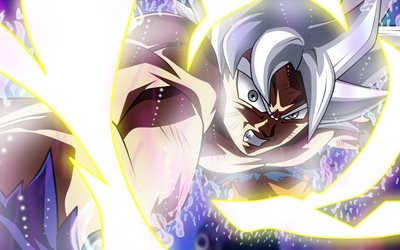 Ultra Instinct de Goku, le feu, la 4k, DBS, close-up, Dragon Ball, Migatte Pas Gokui), Ma&#238;tris&#233; Ultra Instinct, l&#39;art, le Super Saiyan Dieu, Dragon Ball Super