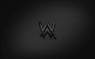 Alan Walker black logo, music stars, creative, metal grid background, Alan Walker logo, brands, Alan Walker