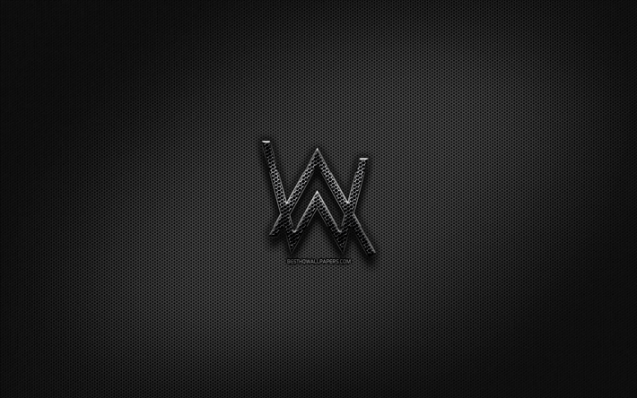 Alan Walker musta logo, musiikin t&#228;hdet, luova, metalli ruudukon tausta, Alan Walker-logo, merkkej&#228;, Alan Walker