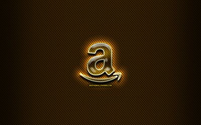 Amazon verre logo, arri&#232;re-plan orange, illustrations, marques, Amazon logo, cr&#233;ation, Amazon