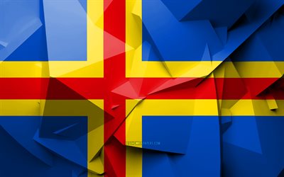 4k, Flag of Aland Islands, geometric art, Regions of Finland, Aland Islands flag, creative, finnish regions, Aland Islands, administrative districts, Aland Islands 3D flag, Finland