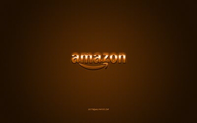 amazon-logo, orange gl&#228;nzend-logo, amazon, metall-emblem, wallpaper f&#252;r amazon smartphones, orange-carbon-faser-textur, marken, kreative kunst