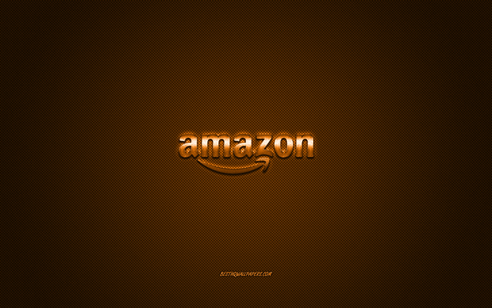 amazon-logo, orange gl&#228;nzend-logo, amazon, metall-emblem, wallpaper f&#252;r amazon smartphones, orange-carbon-faser-textur, marken, kreative kunst