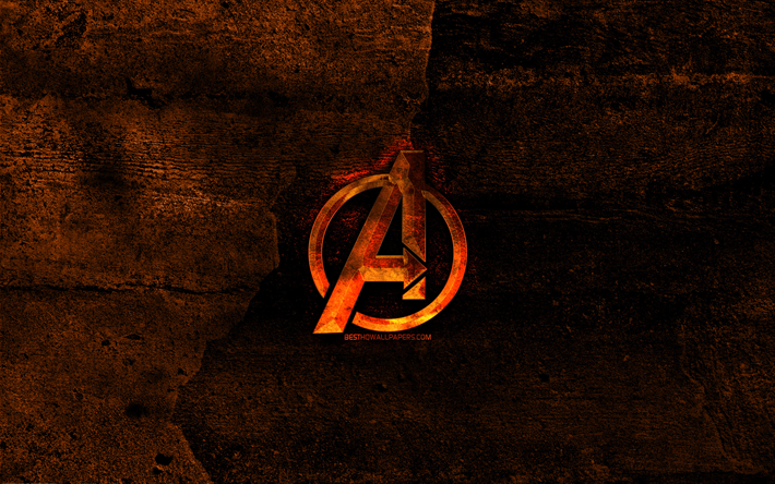 Avengers brinnande logotyp, orange sten bakgrund, Avengers, kreativa, Avengers logotyp, varum&#228;rken